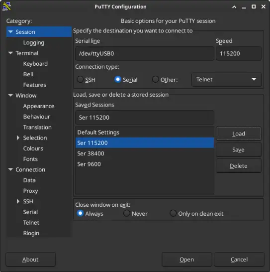 PuTTY: Settings Serial Console
